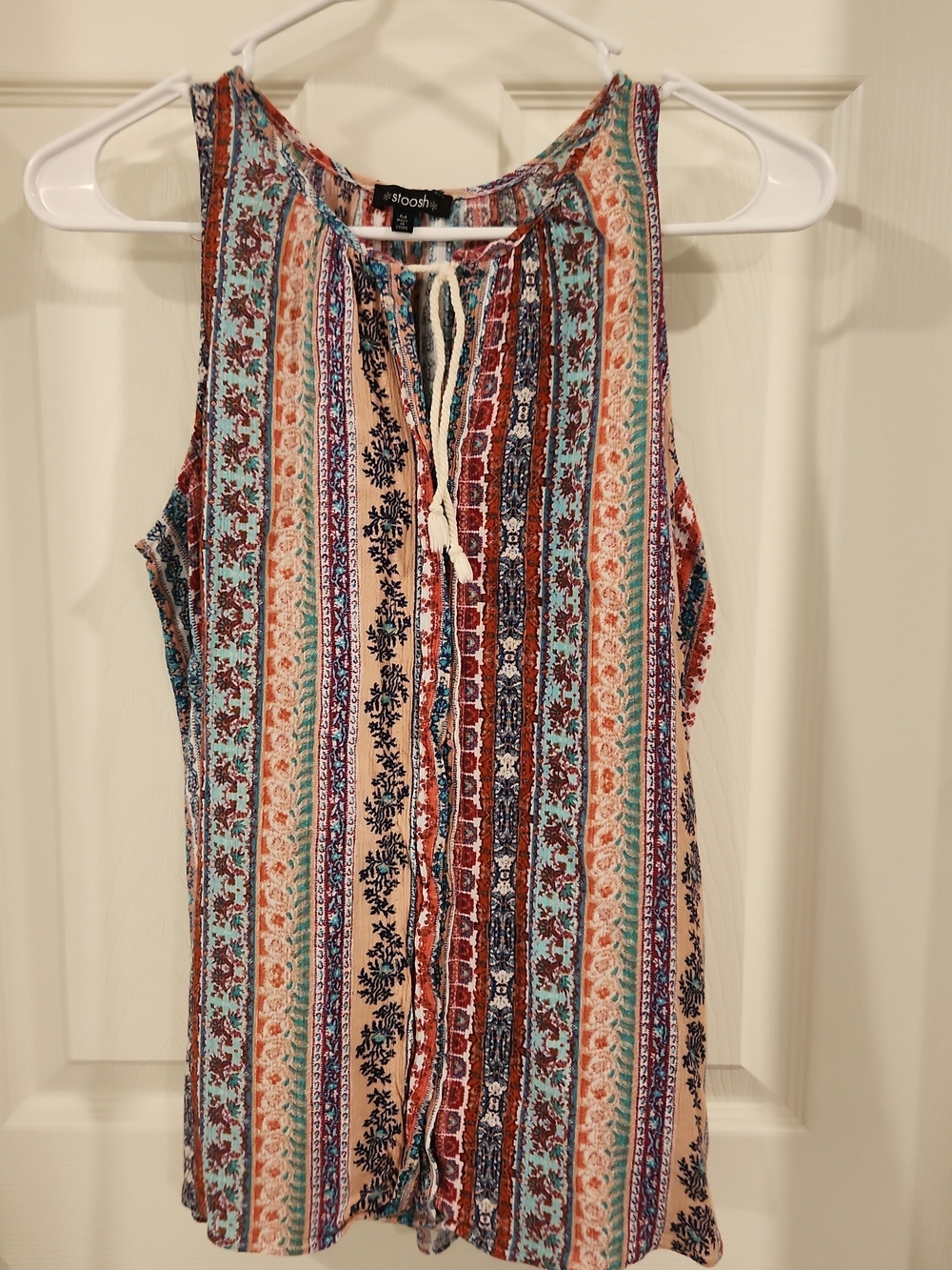 Stoosh Ladies M Burnt Orange Geoprint Sleeveless Tassle Tie Boho Crepe top
